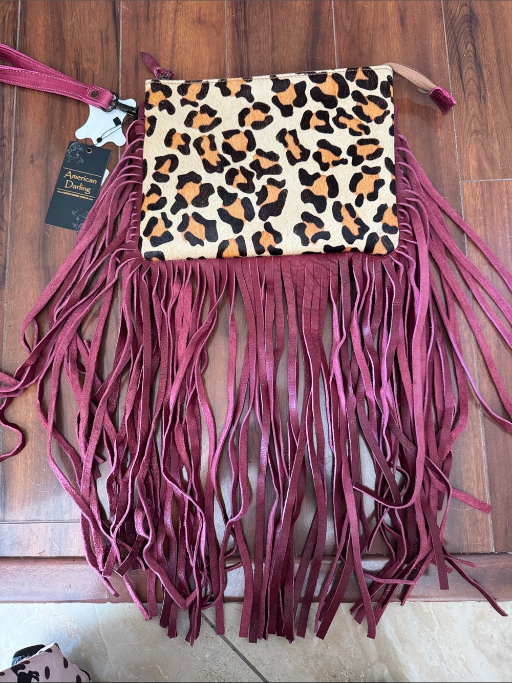 American Darling Leopard Print Suede Panel with Burgundy Fringe wristlet